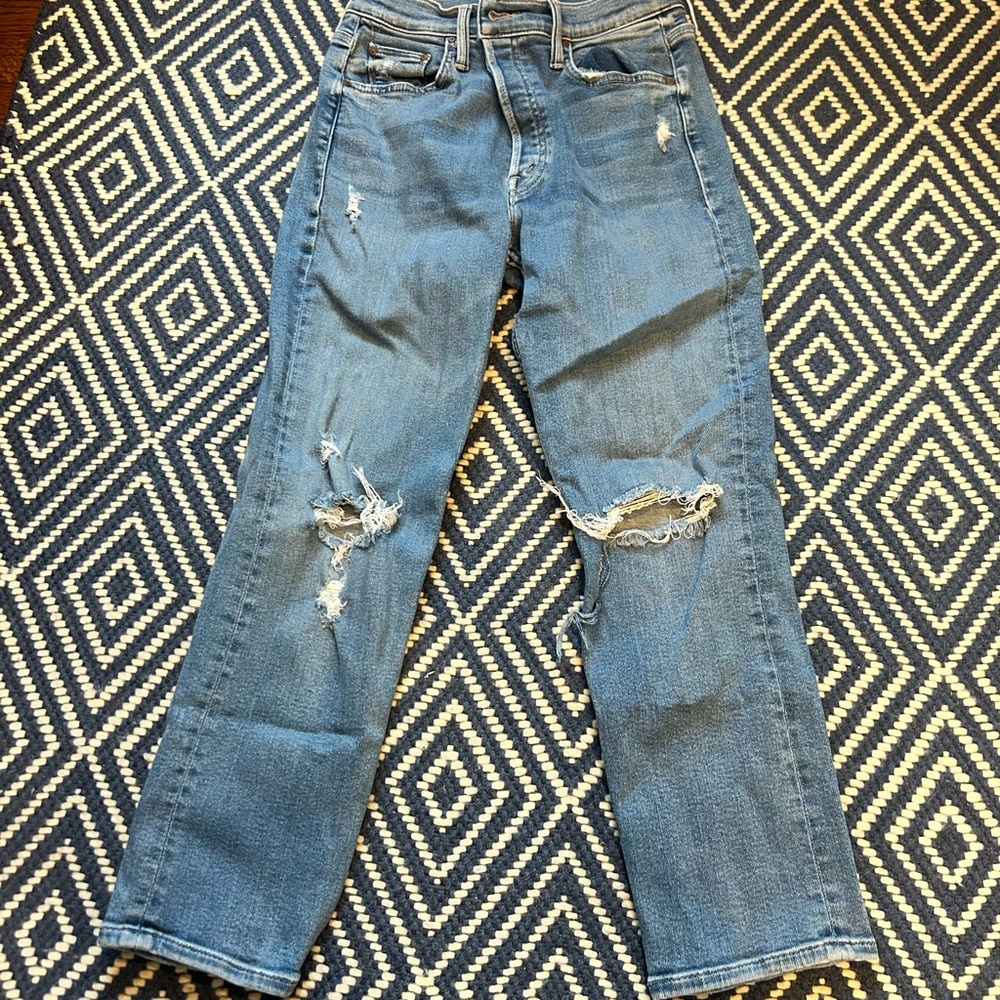 MOTHER Light Blue Distressed Straight Leg Jeans